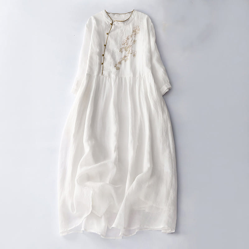 Embroidery Buttons Design Long Sleeve Cotton Linen Midi Dress With Pockets