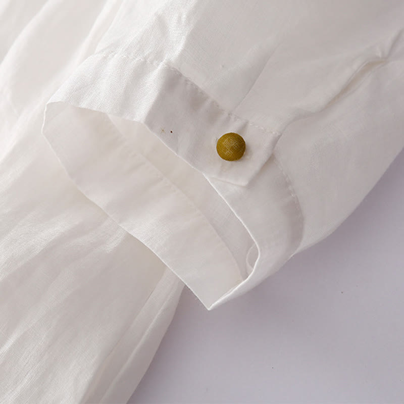 Embroidery Buttons Design Long Sleeve Cotton Linen Midi Dress With Pockets
