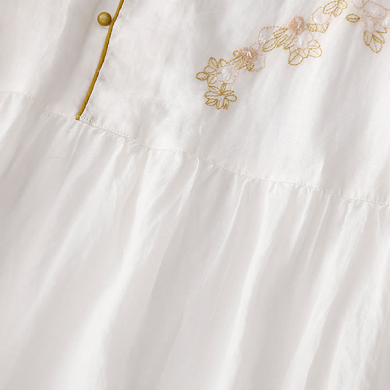 Embroidery Buttons Design Long Sleeve Cotton Linen Midi Dress With Pockets