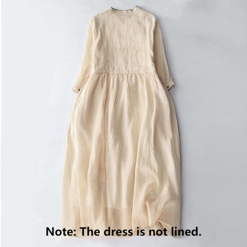 Embroidery Buttons Design Long Sleeve Cotton Linen Midi Dress With Pockets