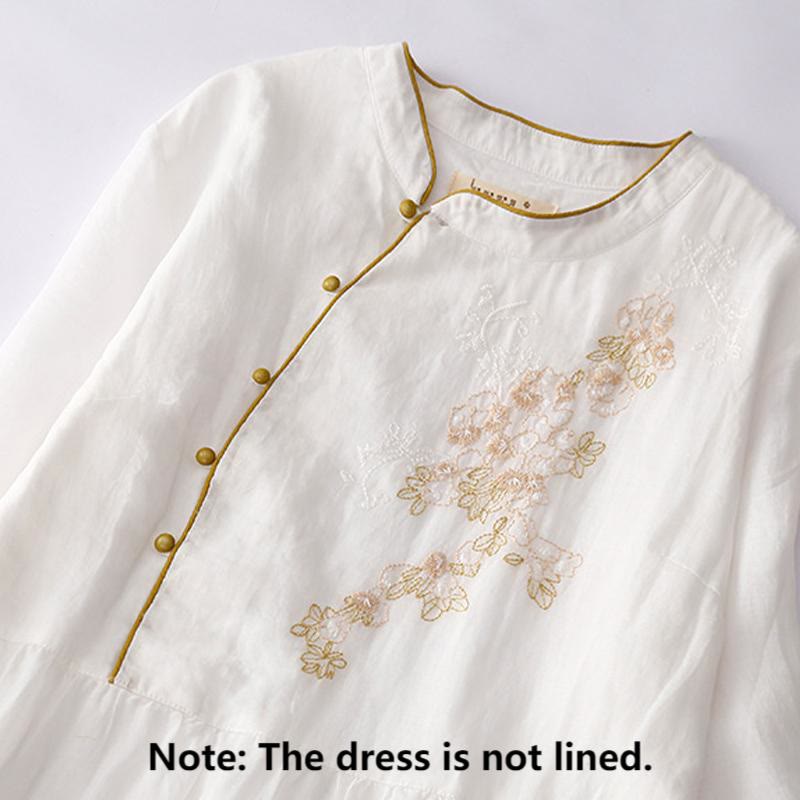 Embroidery Buttons Design Long Sleeve Cotton Linen Midi Dress With Pockets
