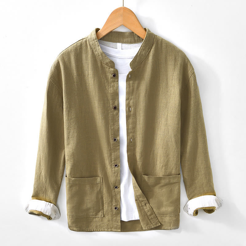 Cotton Linen Minimalist Stand Collar Meditation Shirt