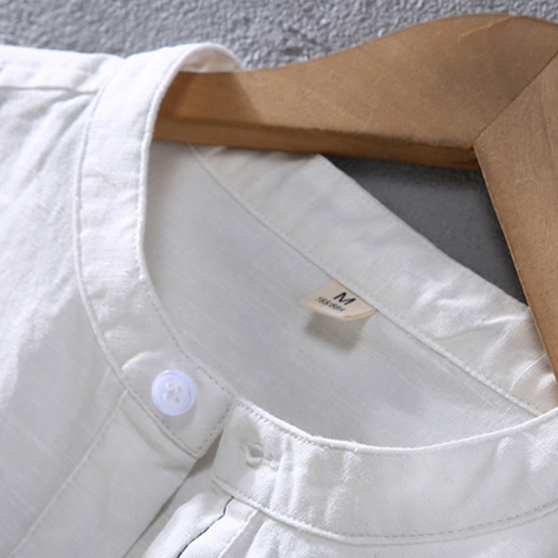 Linen Stand Collar Short Sleeve Meditation Shirt