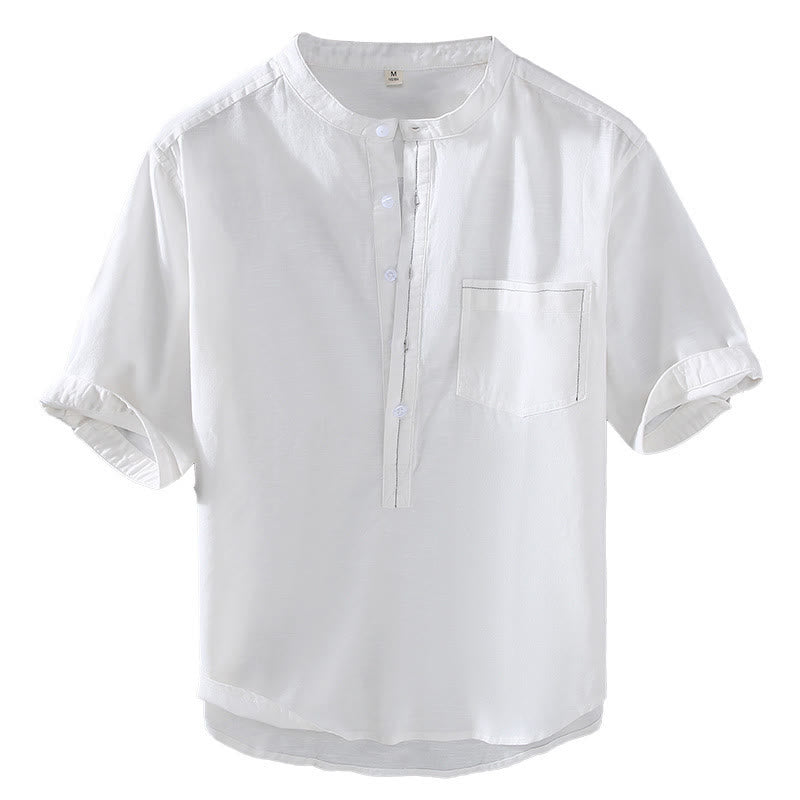 Linen Stand Collar Short Sleeve Meditation Shirt