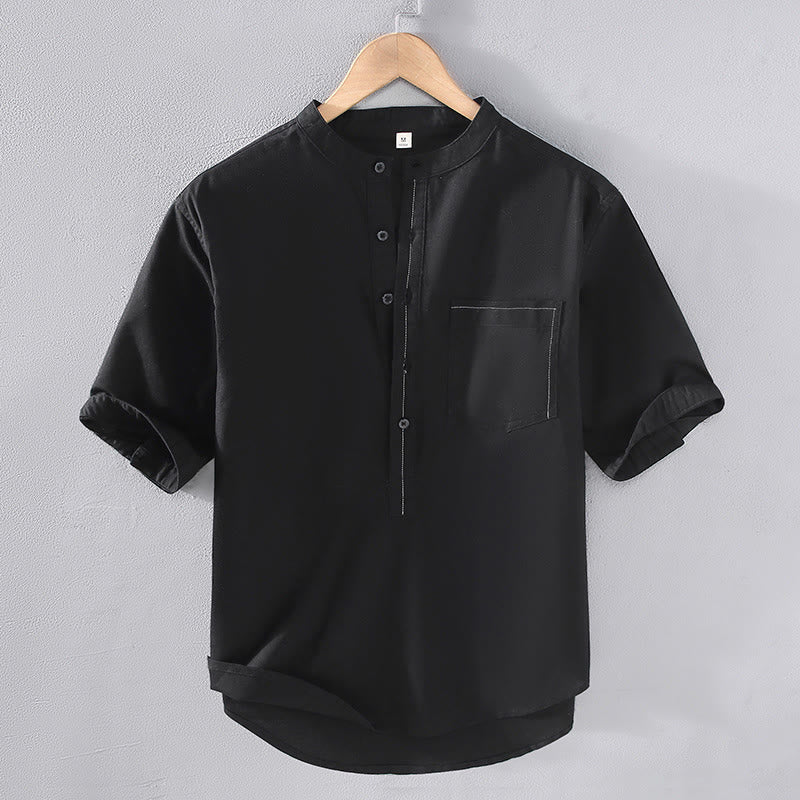 Linen Stand Collar Short Sleeve Meditation Shirt