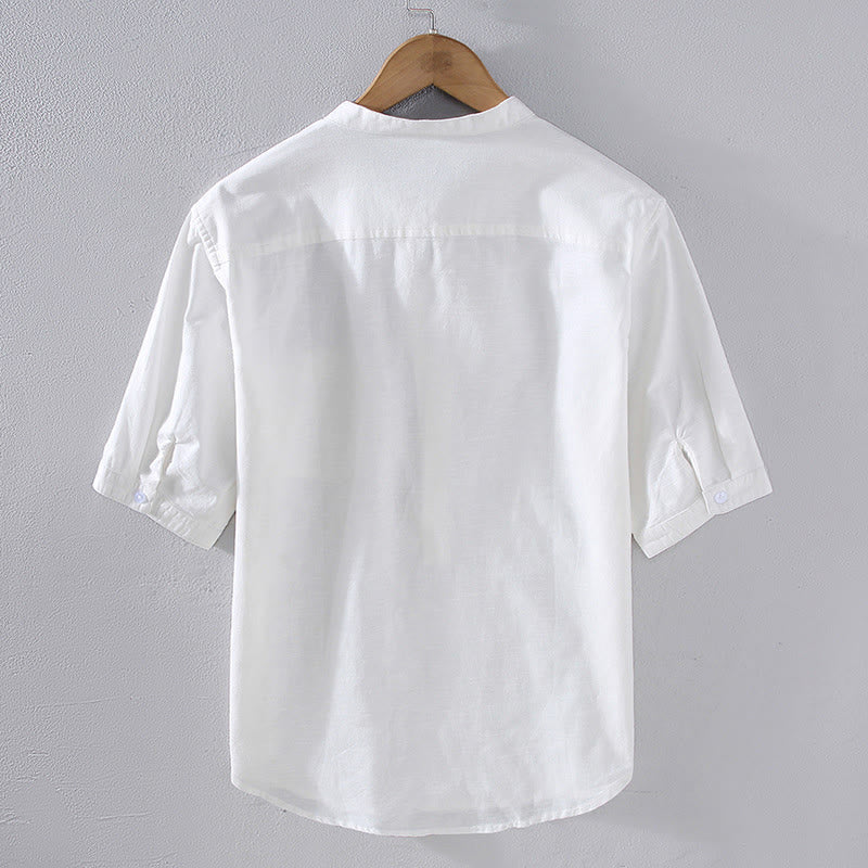 Linen Stand Collar Short Sleeve Meditation Shirt