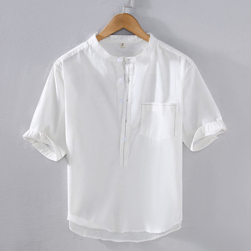Linen Stand Collar Short Sleeve Meditation Shirt