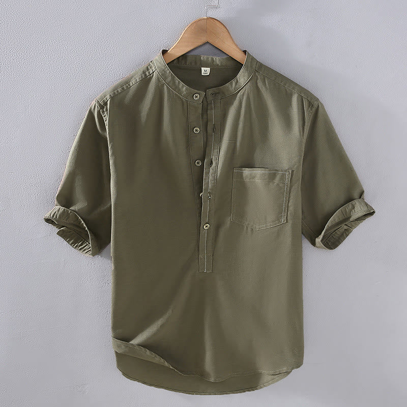 Linen Stand Collar Short Sleeve Meditation Shirt