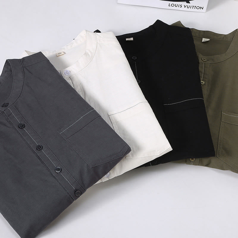 Linen Stand Collar Short Sleeve Meditation Shirt