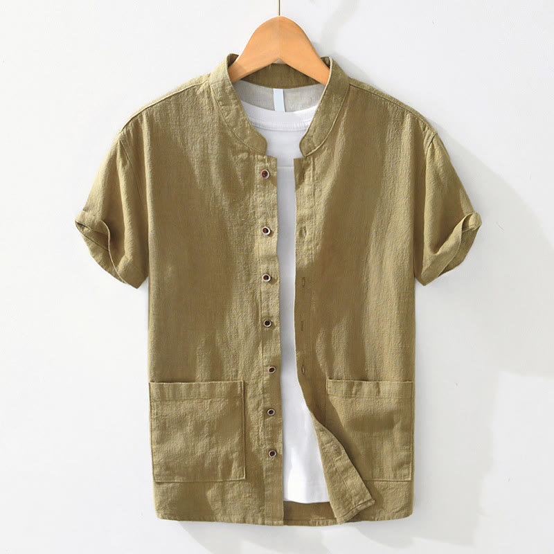 Casual Buttons Design Stand Collar Men's Short Sleeve Cotton Linen Shirt With Pockets