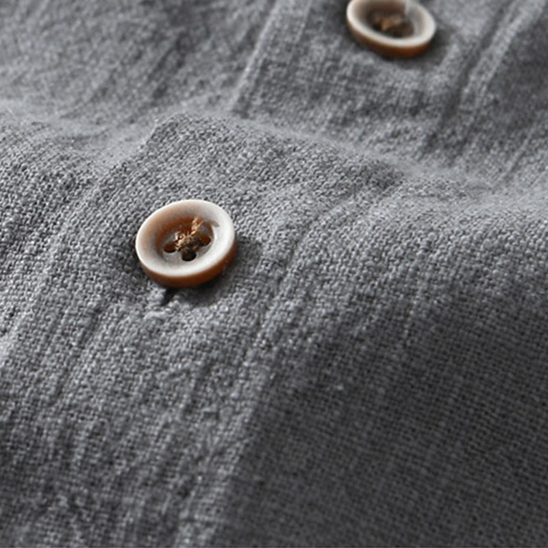Casual Buttons Design Stand Collar Men's Short Sleeve Cotton Linen Shirt With Pockets