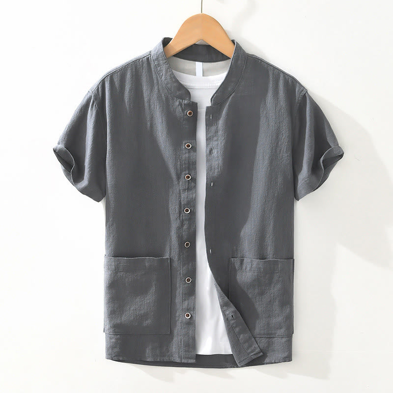 Casual Buttons Design Stand Collar Men's Short Sleeve Cotton Linen Shirt With Pockets