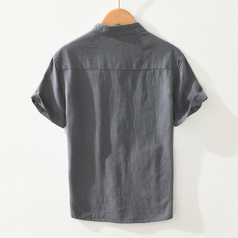 Casual Buttons Design Stand Collar Men's Short Sleeve Cotton Linen Shirt With Pockets