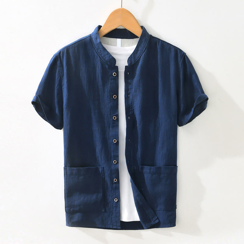 Casual Buttons Design Stand Collar Men's Short Sleeve Cotton Linen Shirt With Pockets