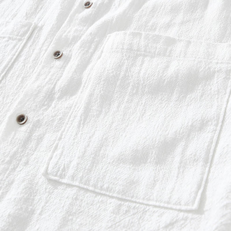 Casual Buttons Design Stand Collar Men's Short Sleeve Cotton Linen Shirt With Pockets