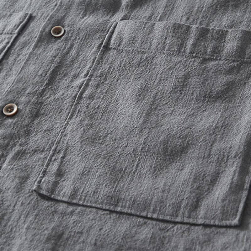Casual Buttons Design Stand Collar Men's Short Sleeve Cotton Linen Shirt With Pockets