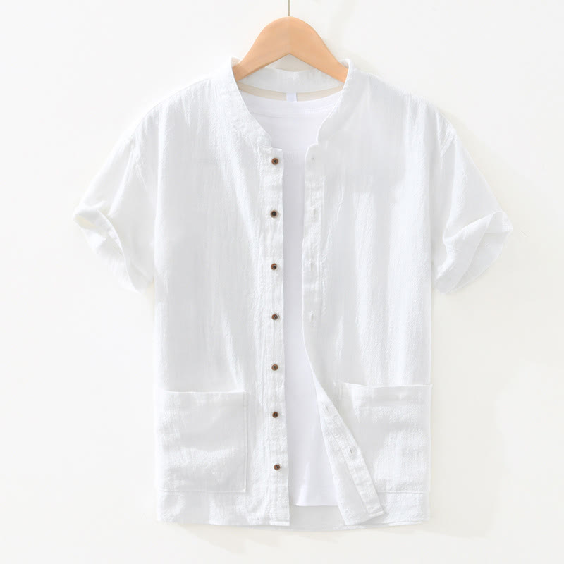 Casual Buttons Design Stand Collar Men's Short Sleeve Cotton Linen Shirt With Pockets