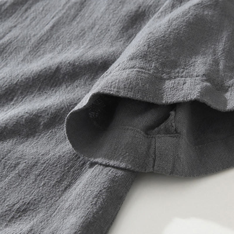 Casual Buttons Design Stand Collar Men's Short Sleeve Cotton Linen Shirt With Pockets
