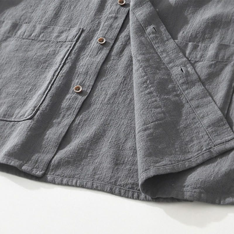Casual Buttons Design Stand Collar Men's Short Sleeve Cotton Linen Shirt With Pockets