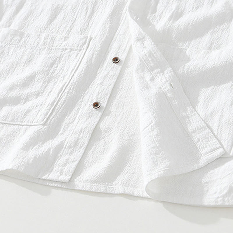 Casual Buttons Design Stand Collar Men's Short Sleeve Cotton Linen Shirt With Pockets