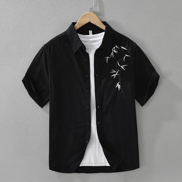 Tactile Cotton Bamboo Embroidered Short Sleeve Meditation Shirt
