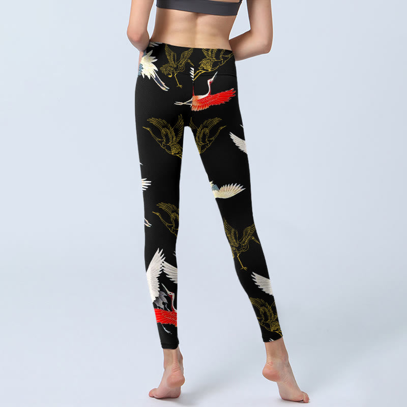 White Red Gold Cranes Print Gym Leggings Women's Yoga Pants