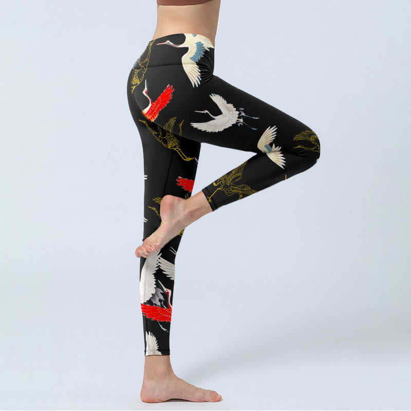 White Red Gold Cranes Print Gym Leggings Women's Yoga Pants