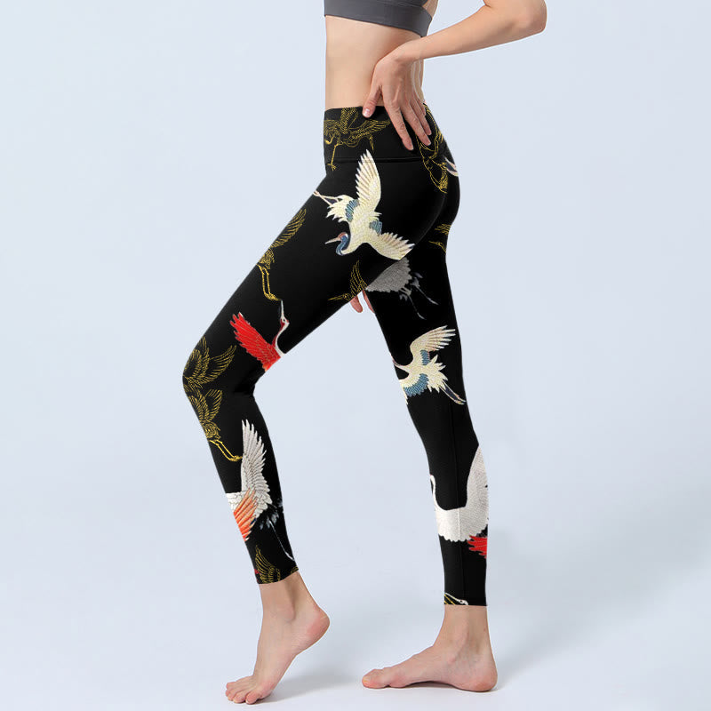 White Red Gold Cranes Print Gym Leggings Women's Yoga Pants