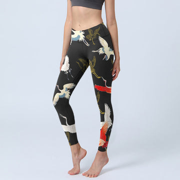 White Red Gold Cranes Print Gym Leggings Women's Yoga Pants