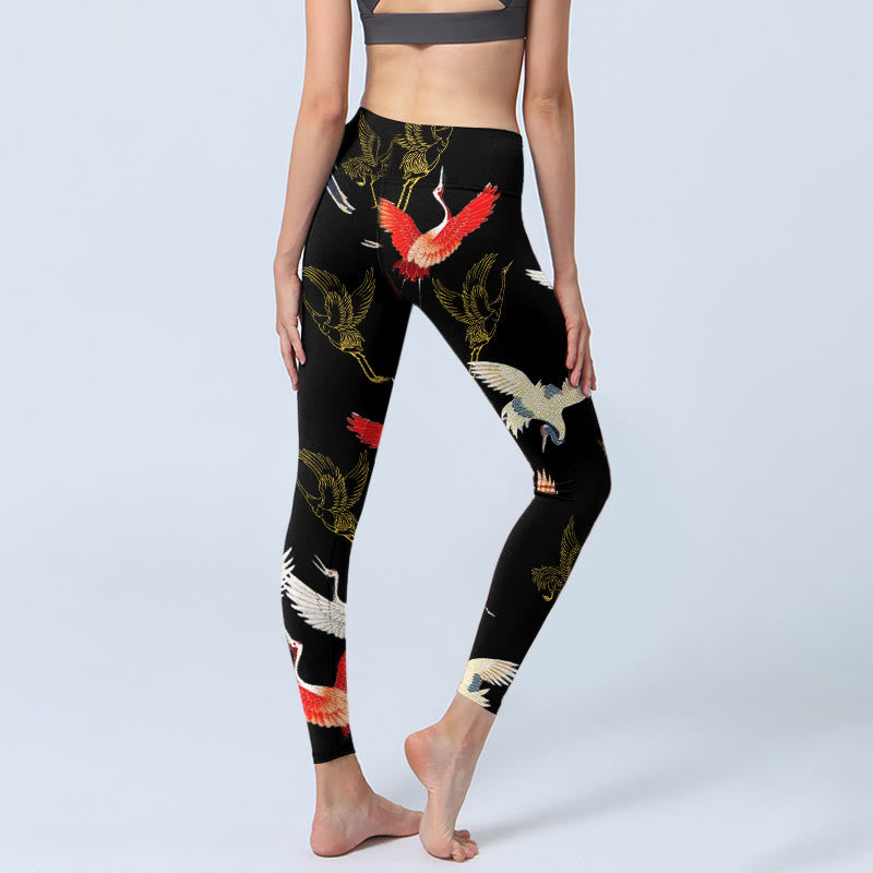 White Red Gold Cranes Print Gym Leggings Women's Yoga Pants