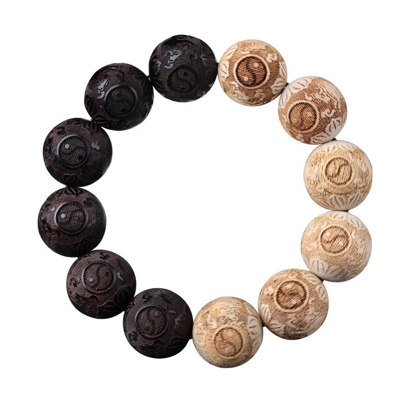 Ebony Wood Camphor Wood Yin Yang Ox Engraved Peace Bracelet