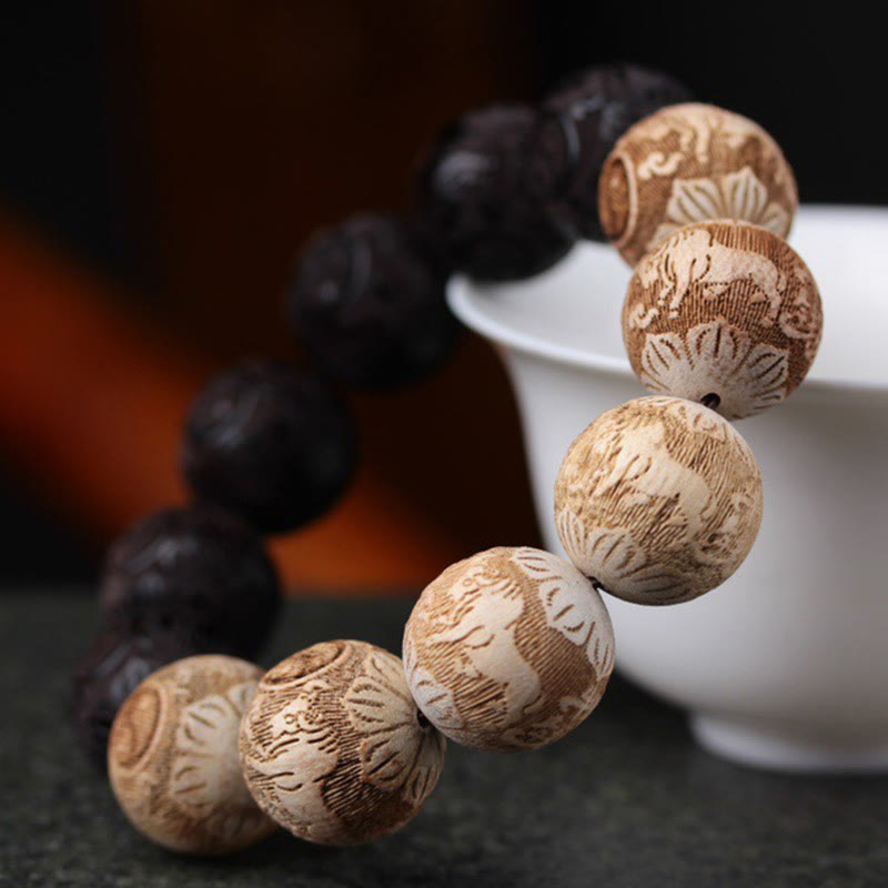 Ebony Wood Camphor Wood Yin Yang Ox Engraved Peace Bracelet