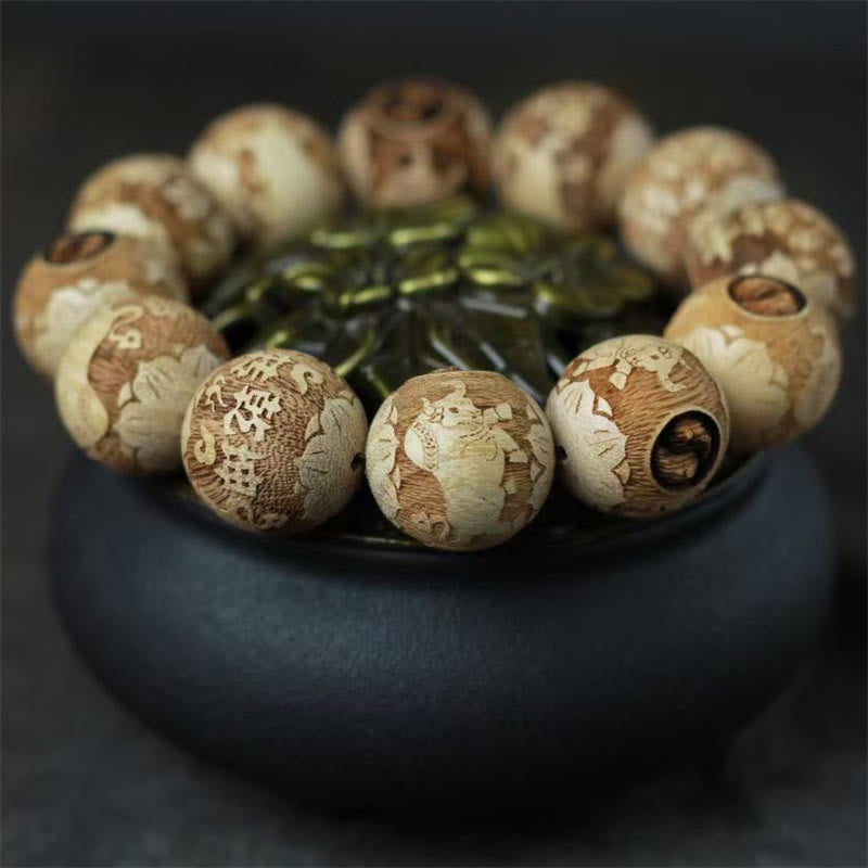 Camphor Wood Yin Yang Ox Engraved Clarity Bracelet