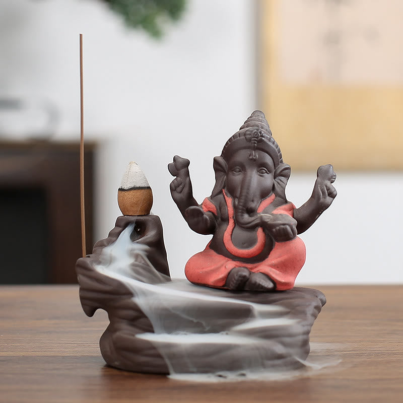 Handcrafted Ganesha Purple Clay Backflow Smoke Fountain and Stick Incense Burner