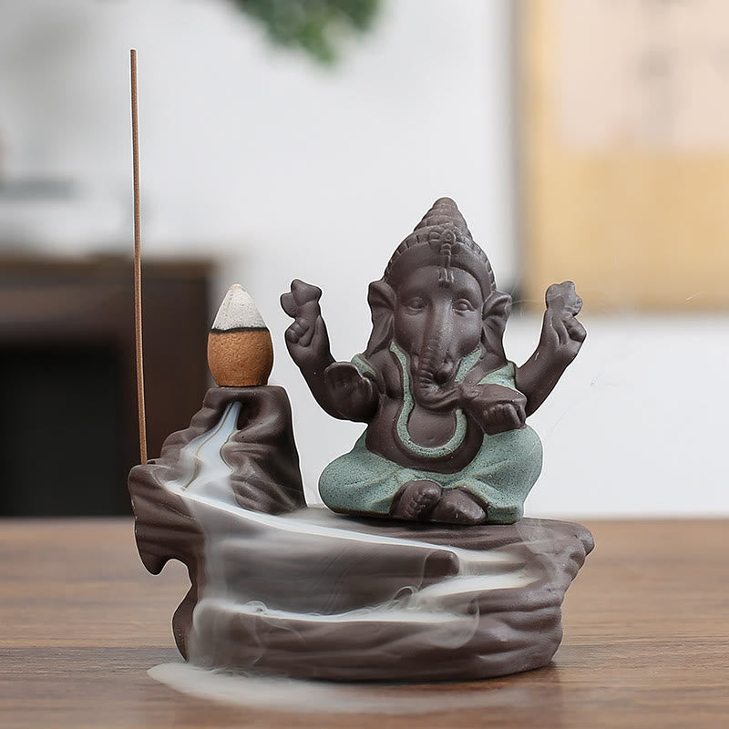 Handcrafted Ganesha Purple Clay Backflow Smoke Fountain and Stick Incense Burner