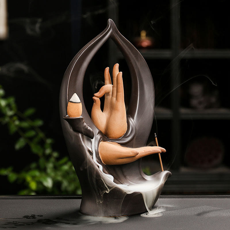 Ceramic Backflow Smoke Fountain Meditation Mudra Hand Incense Burner