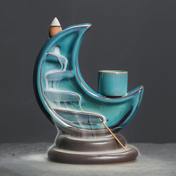 Blue Crescent Moon Ceramic Backflow Smoke Fountain Meditation Incense Burner