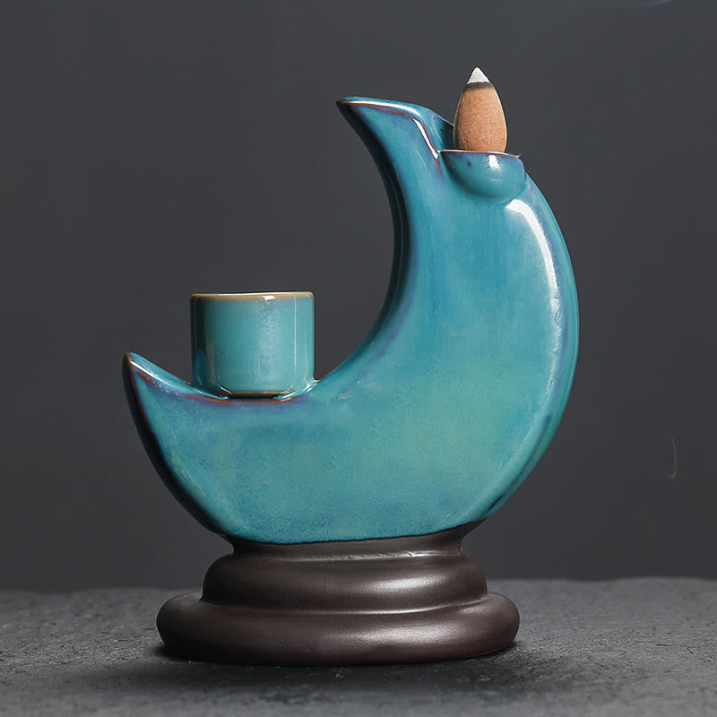 Blue Crescent Moon Ceramic Backflow Smoke Fountain Meditation Incense Burner