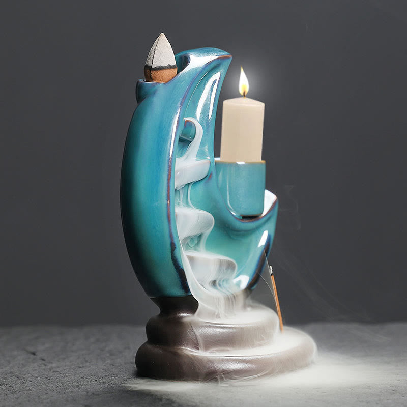 Blue Crescent Moon Ceramic Backflow Smoke Fountain Meditation Incense Burner