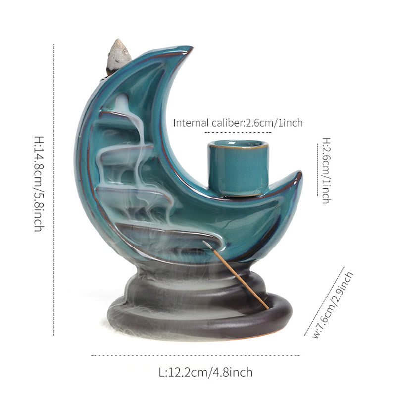 Blue Crescent Moon Ceramic Backflow Smoke Fountain Meditation Incense Burner
