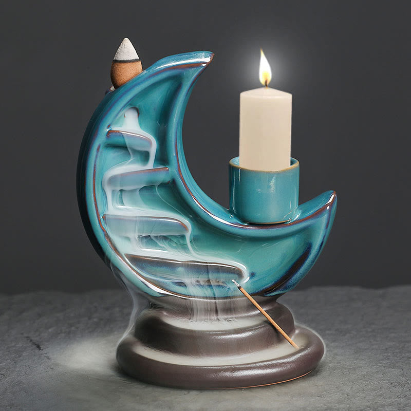 Blue Crescent Moon Ceramic Backflow Smoke Fountain Meditation Incense Burner
