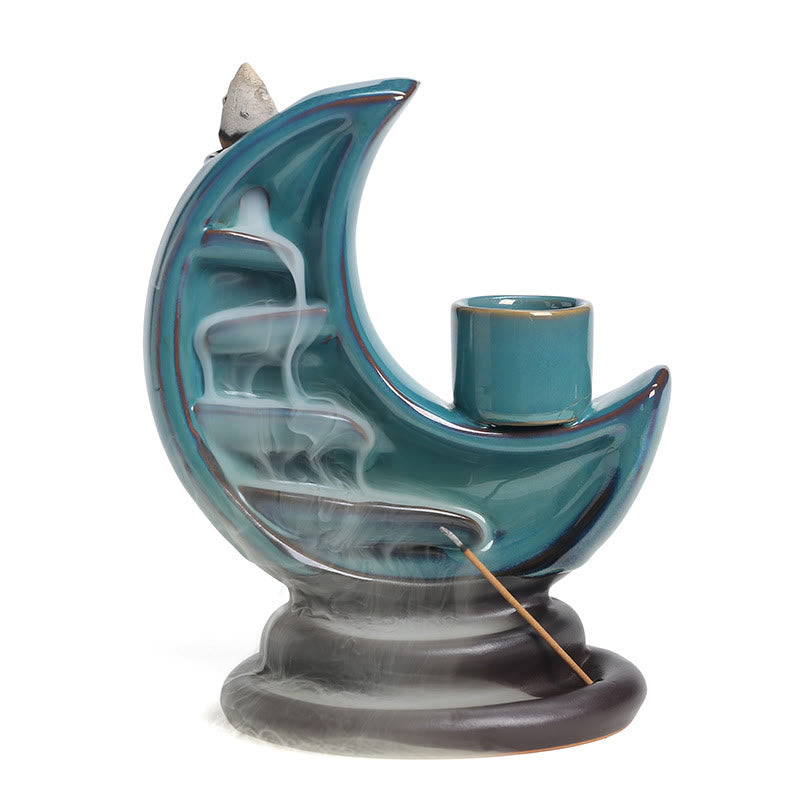 Blue Crescent Moon Ceramic Backflow Smoke Fountain Meditation Incense Burner