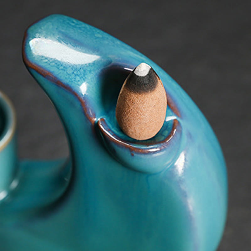 Blue Crescent Moon Ceramic Backflow Smoke Fountain Meditation Incense Burner