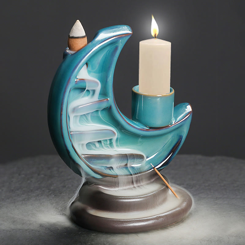 Blue Crescent Moon Ceramic Backflow Smoke Fountain Meditation Incense Burner