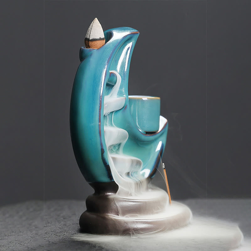 Blue Crescent Moon Ceramic Backflow Smoke Fountain Meditation Incense Burner