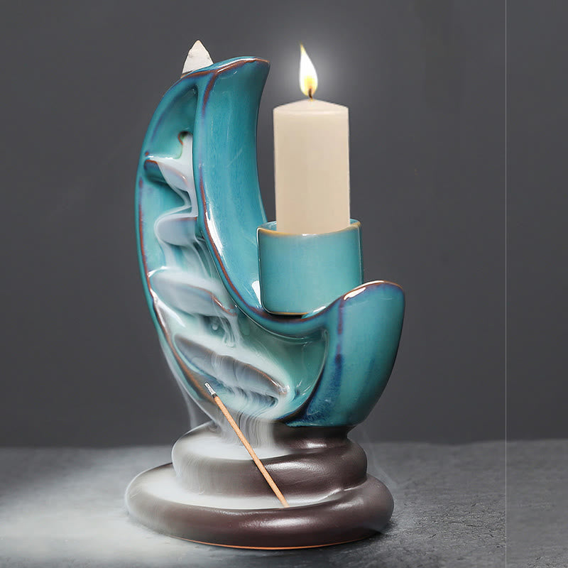 Blue Crescent Moon Ceramic Backflow Smoke Fountain Meditation Incense Burner