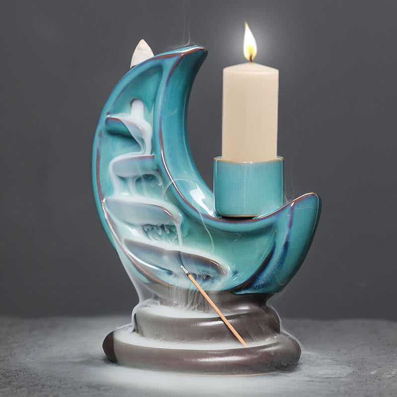 Blue Crescent Moon Ceramic Backflow Smoke Fountain Meditation Incense Burner