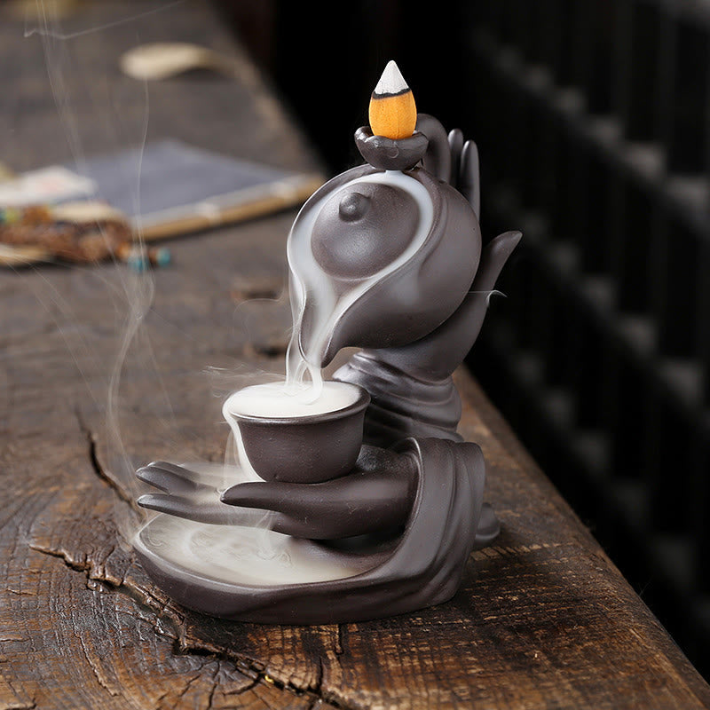 Mudra Buddha Hand Ceramic Teapot Backflow Incense Burner Smoke Fountain