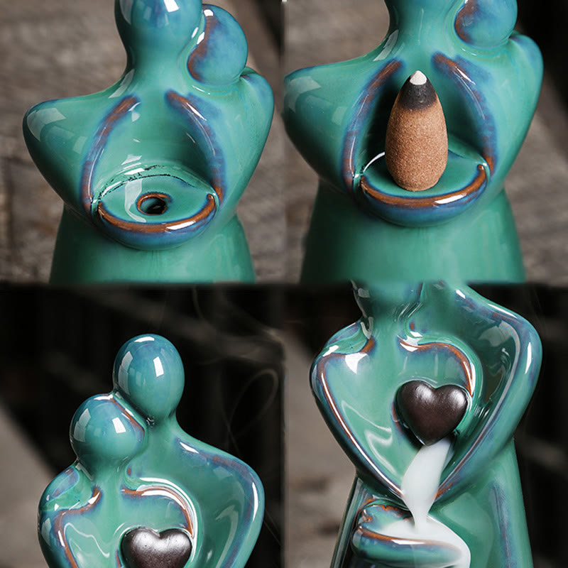 Minimalist Ceramic Couple Embrace Backflow Incense Burner Smoke Fountain
