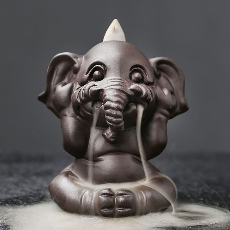 Purple Clay Elephant Backflow Incense Burner Smoke Fountain Decoration